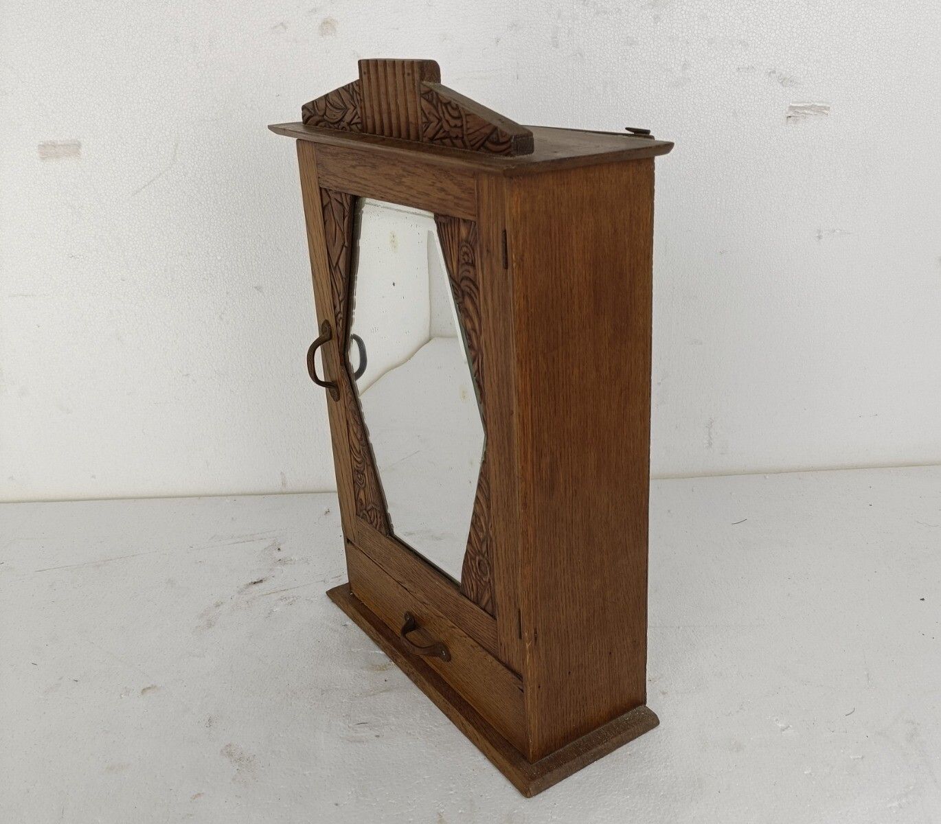 photo for sale Medicine Apothecary Cabinet Gorgeous Ornate Wood Beveled Glass Japandi Style