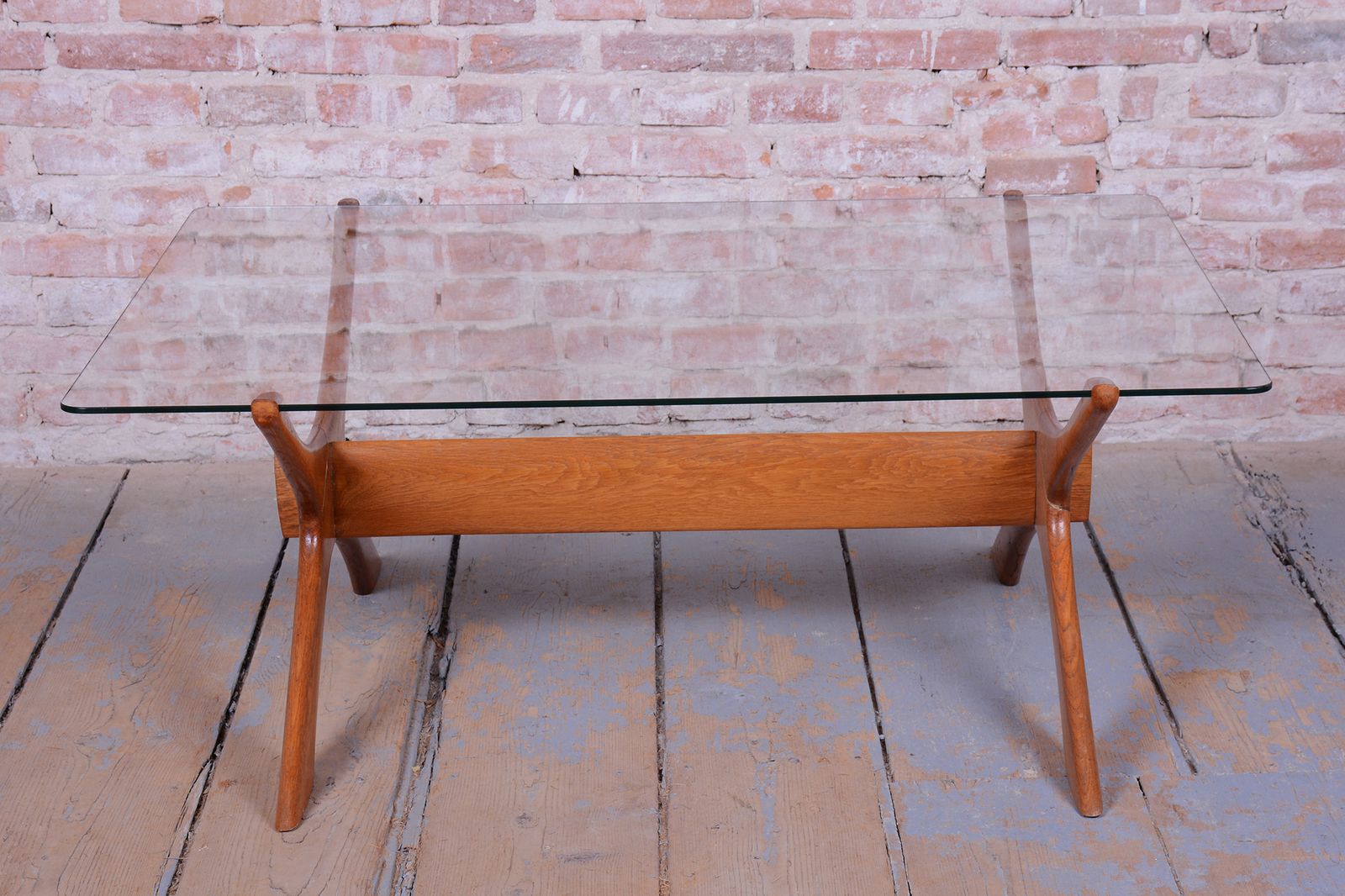 Restored Mid Century Dinig Table, By F. S. Abeln, Oak, Glass, Italy, 1950s photo for sale