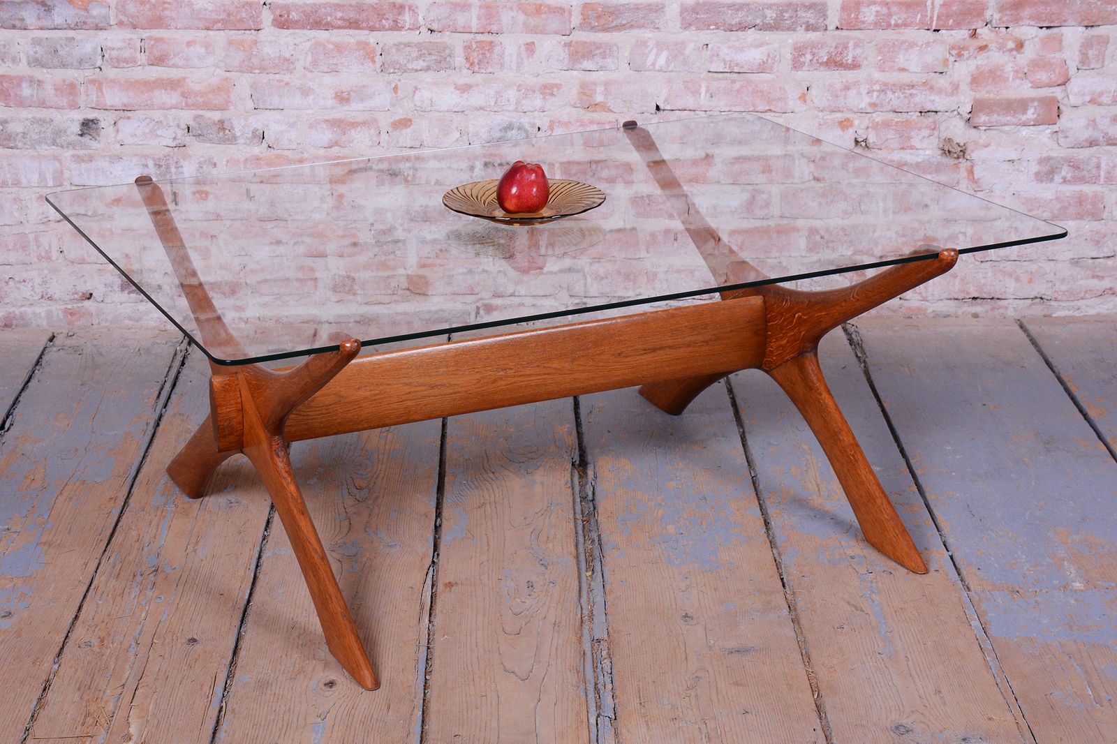 Restored Mid Century Dinig Table, By F. S. Abeln, Oak, Glass, Italy, 1950s photo vintage