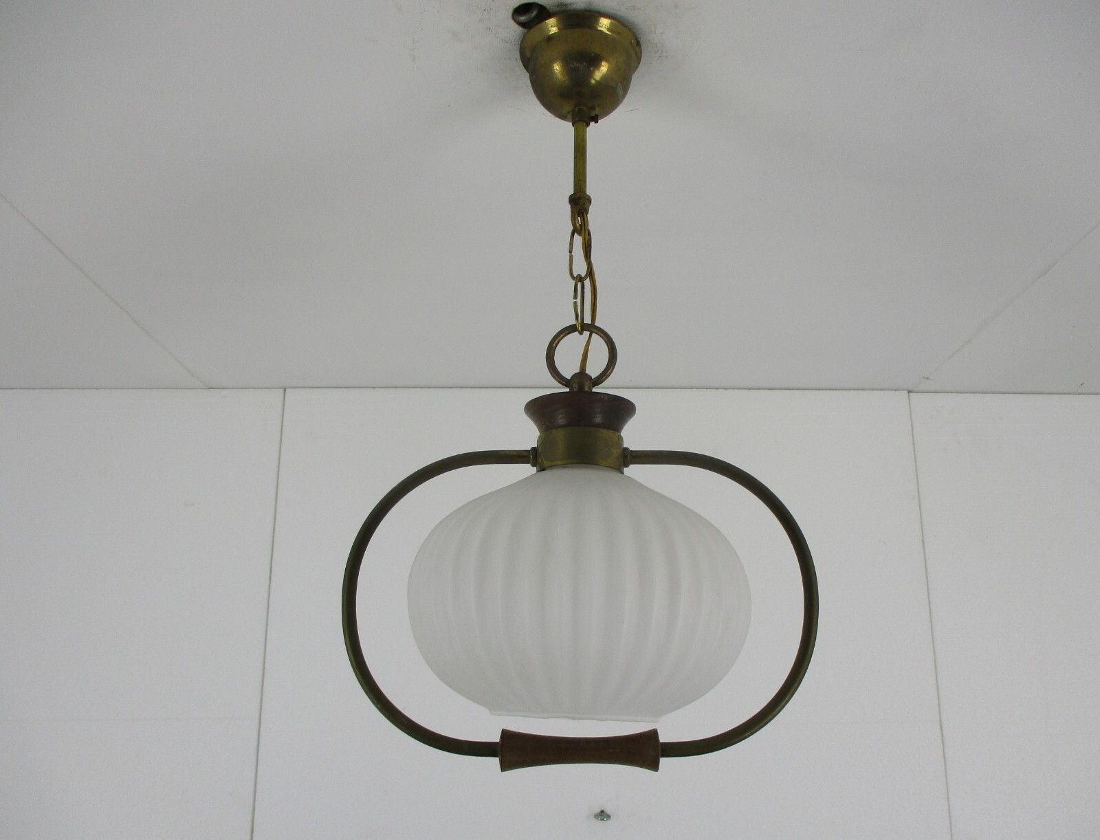 Danish Modern Chandelier Pendant Teak Brass Opaline Glass  Louis Kalff Atomic photo Lighting