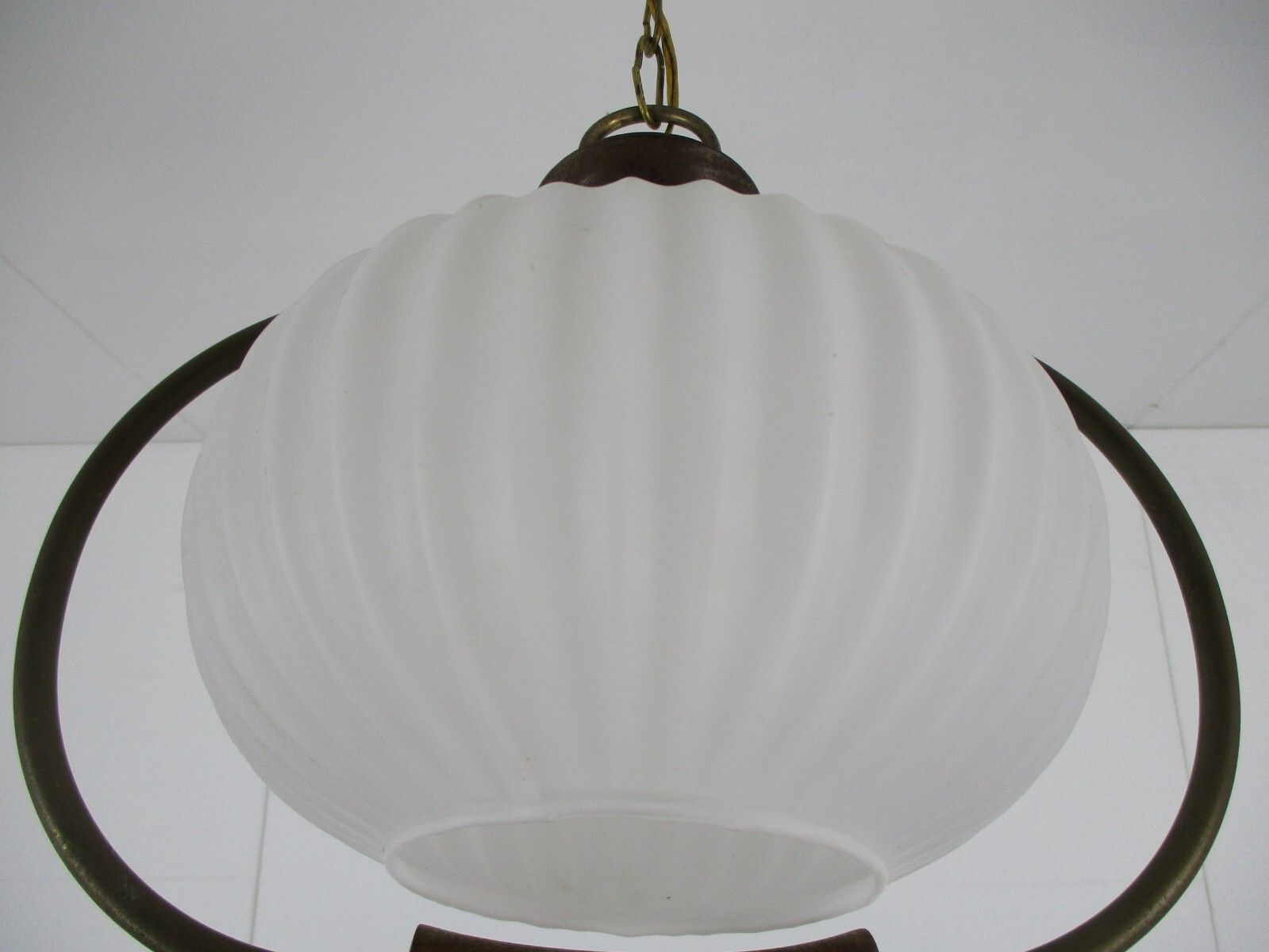 Danish Modern Chandelier Pendant Teak Brass Opaline Glass  Louis Kalff Atomic photo vintage