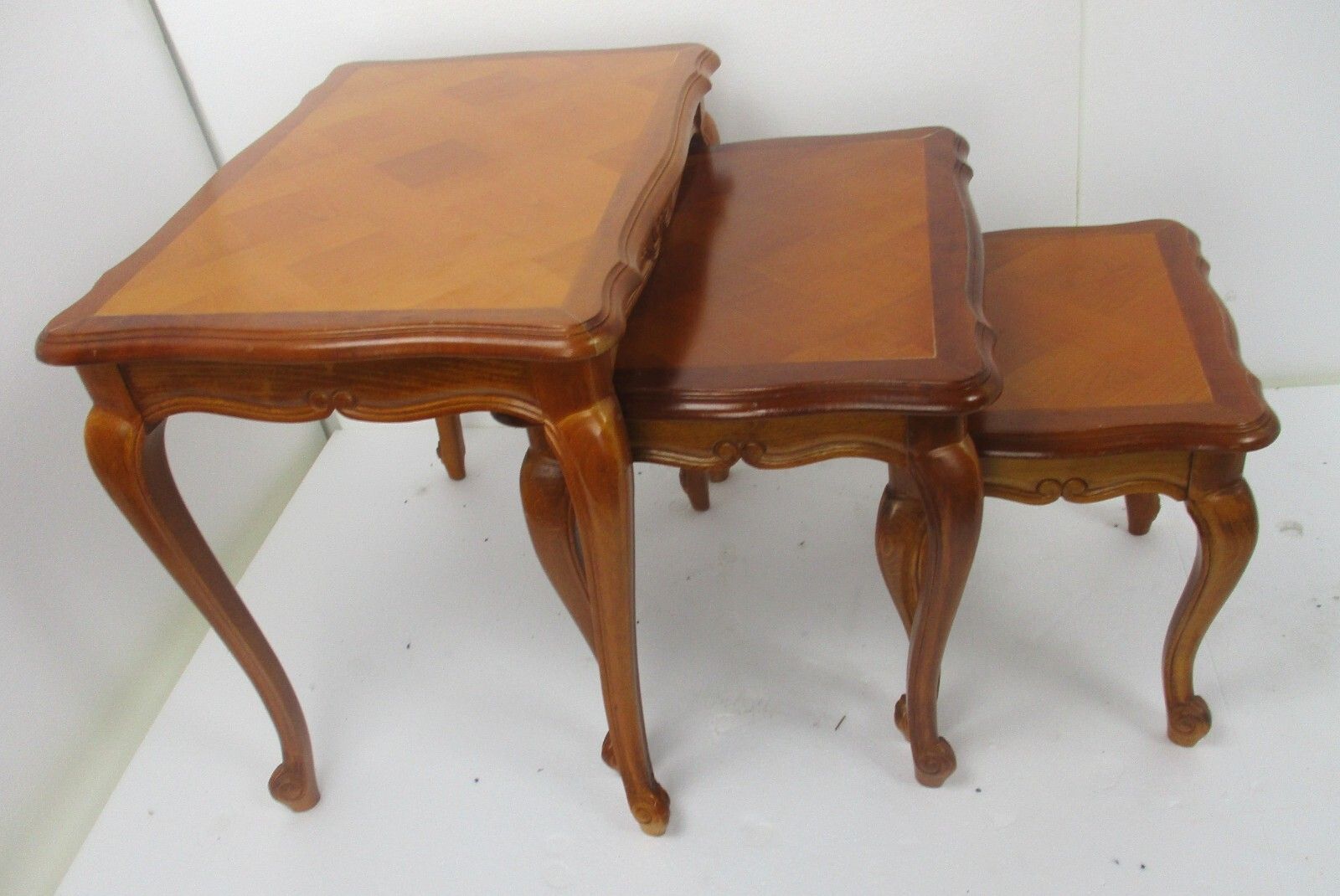 Set Of 3 Mid Century Wooden Stacking Nesting Side Tables Inlay Look photo vintage