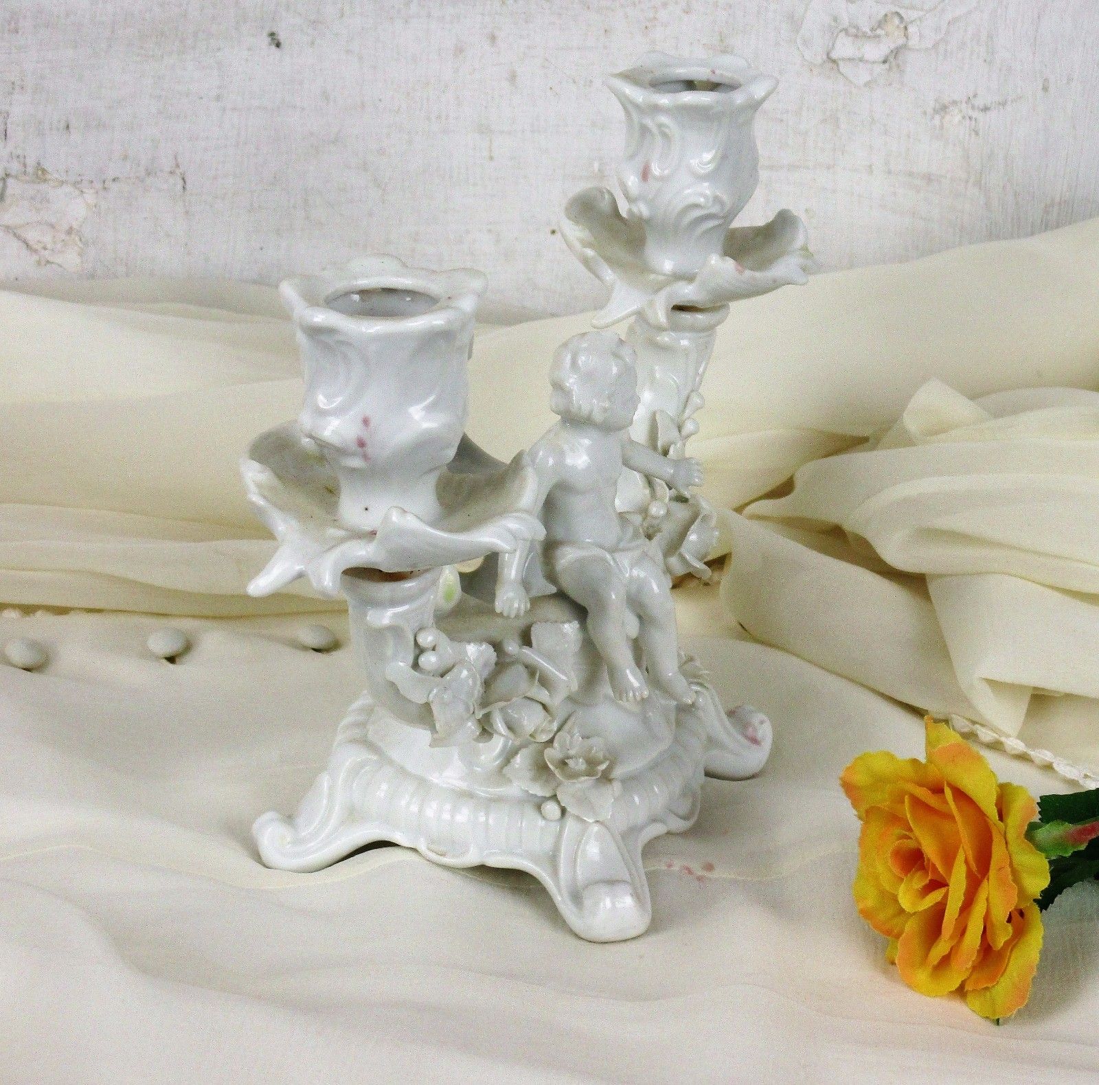Voigt Sitzendorf Porcelain Double Candle Holder Candelabra  Putti Angels Cherubs photo for sale