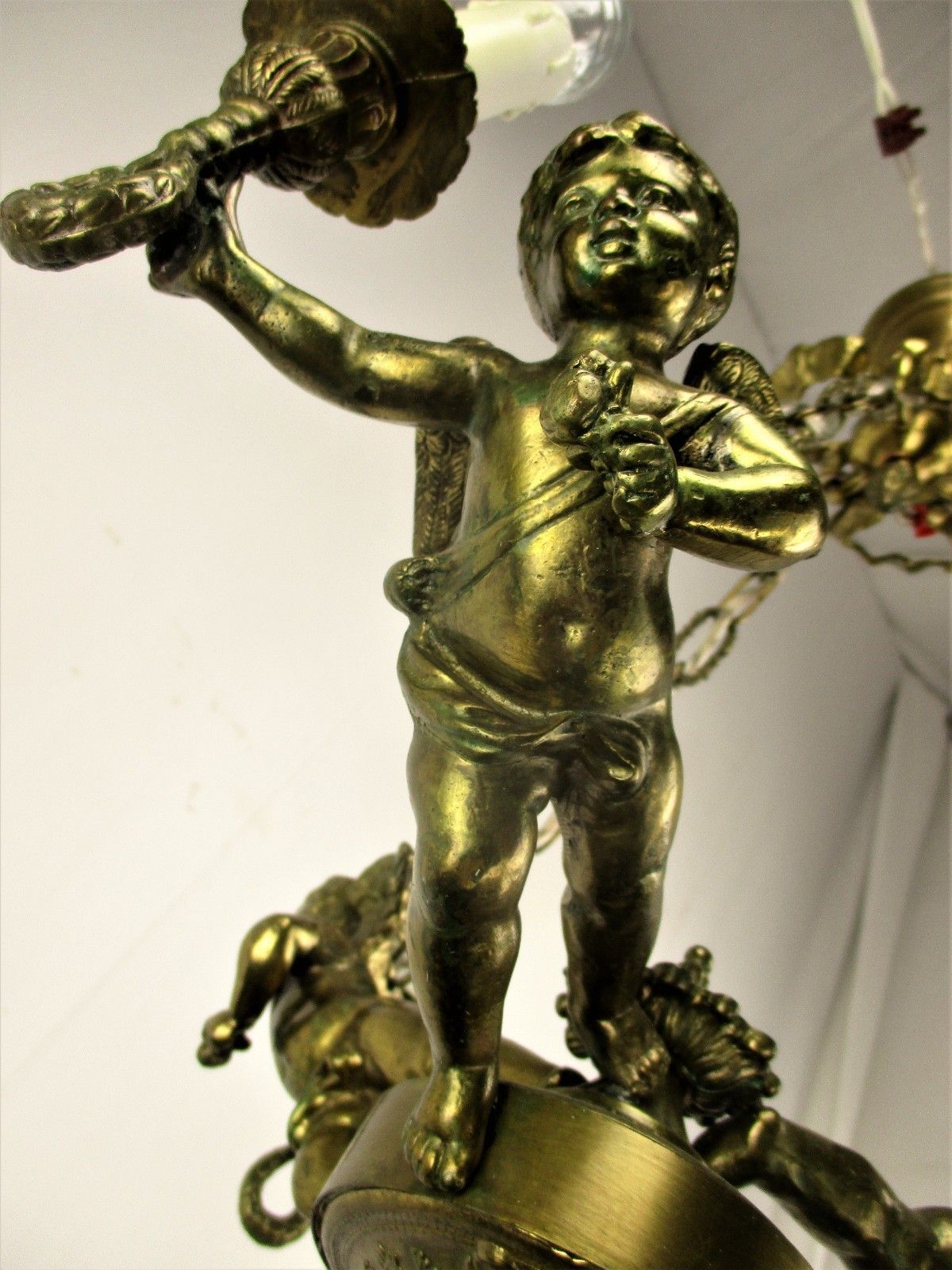 French Bronze Chandelier 3 Lights Arms Putti Cherub Hollywood Regency Romantic photo vinterior