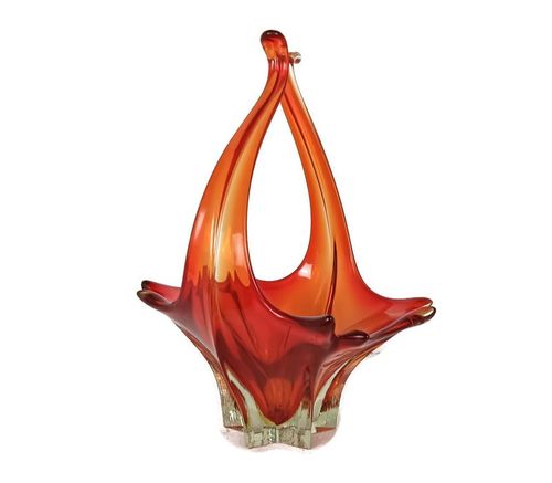 Italian Red  Bowl Dish Centerpiece Murano Seguso Art Glass Modernist Basket Vint