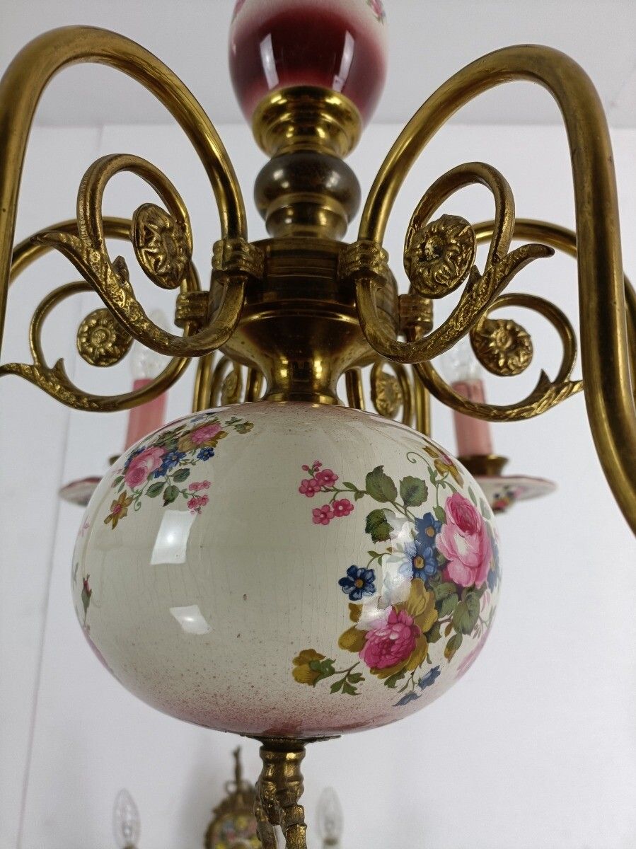 Chandelier 6 Arms Lights Ceramic Porcelain Pink Flowers  Mid Century  Eagle Hera photo 364.0