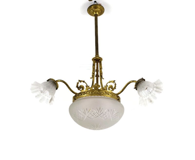 Chandelier  Art Deco 4 Lights 3 Arm Brass Etched Glass Shades Gorgeous Light Pen