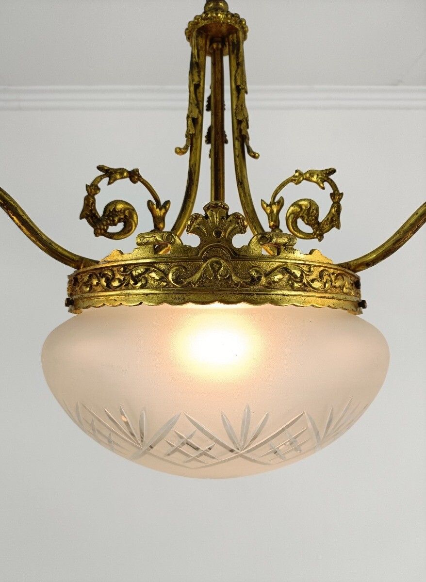 Chandelier  Art Deco 4 Lights 3 Arm Brass Etched Glass Shades Gorgeous Light Pen photo 546.0
