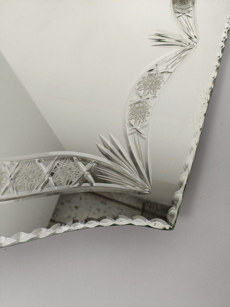 Venetian Mirror Ornate Etched Cut To Clear Glass  Clear Art Nouveau Antique Gorg photo for sale