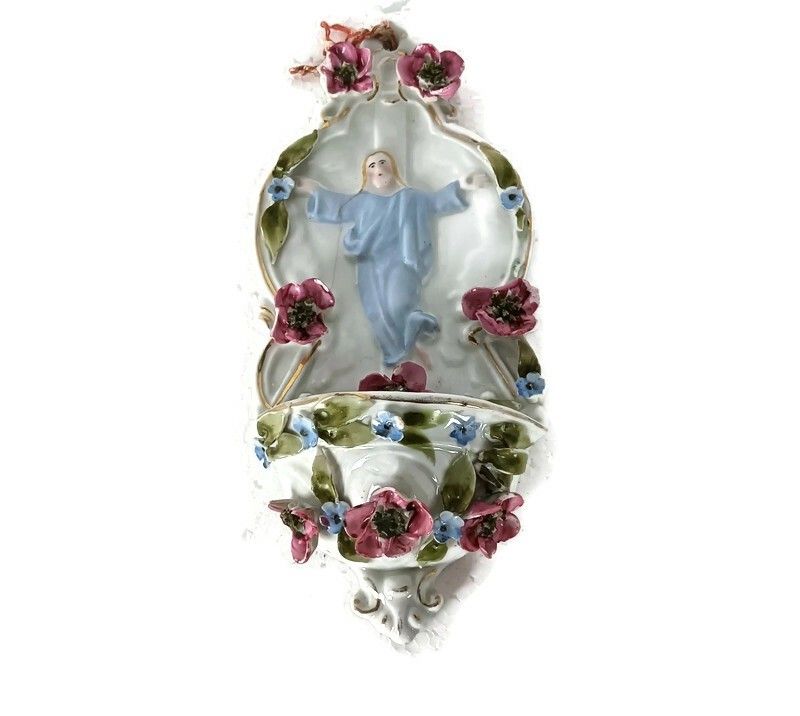 Beautiful Antique Porcelain Holy Water Font Porcelain Flowers Jesus Risen Lord W