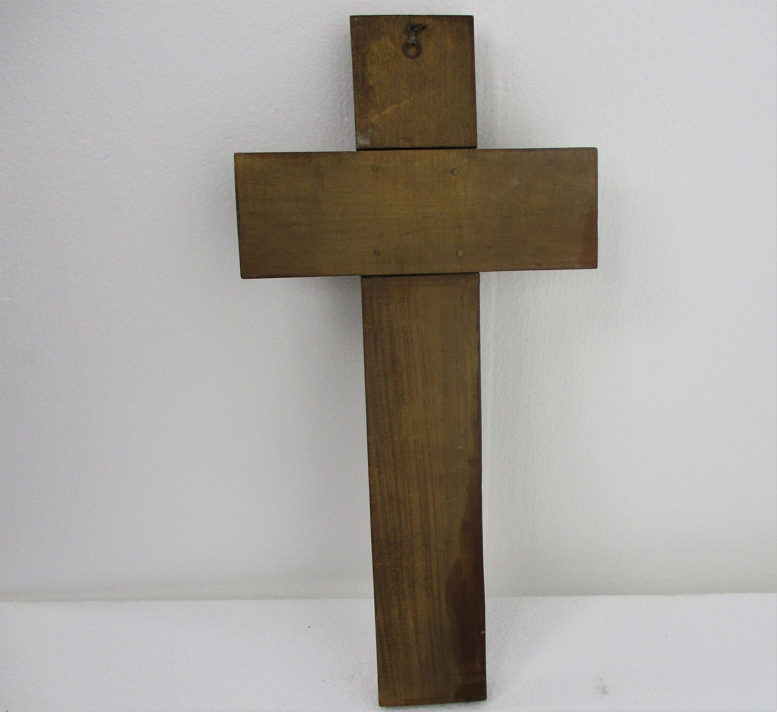 Vintage Hanging Wall Crucifix Wood Oak Brass Modernist Corpus Jesus Christ Mid C photo 61.0