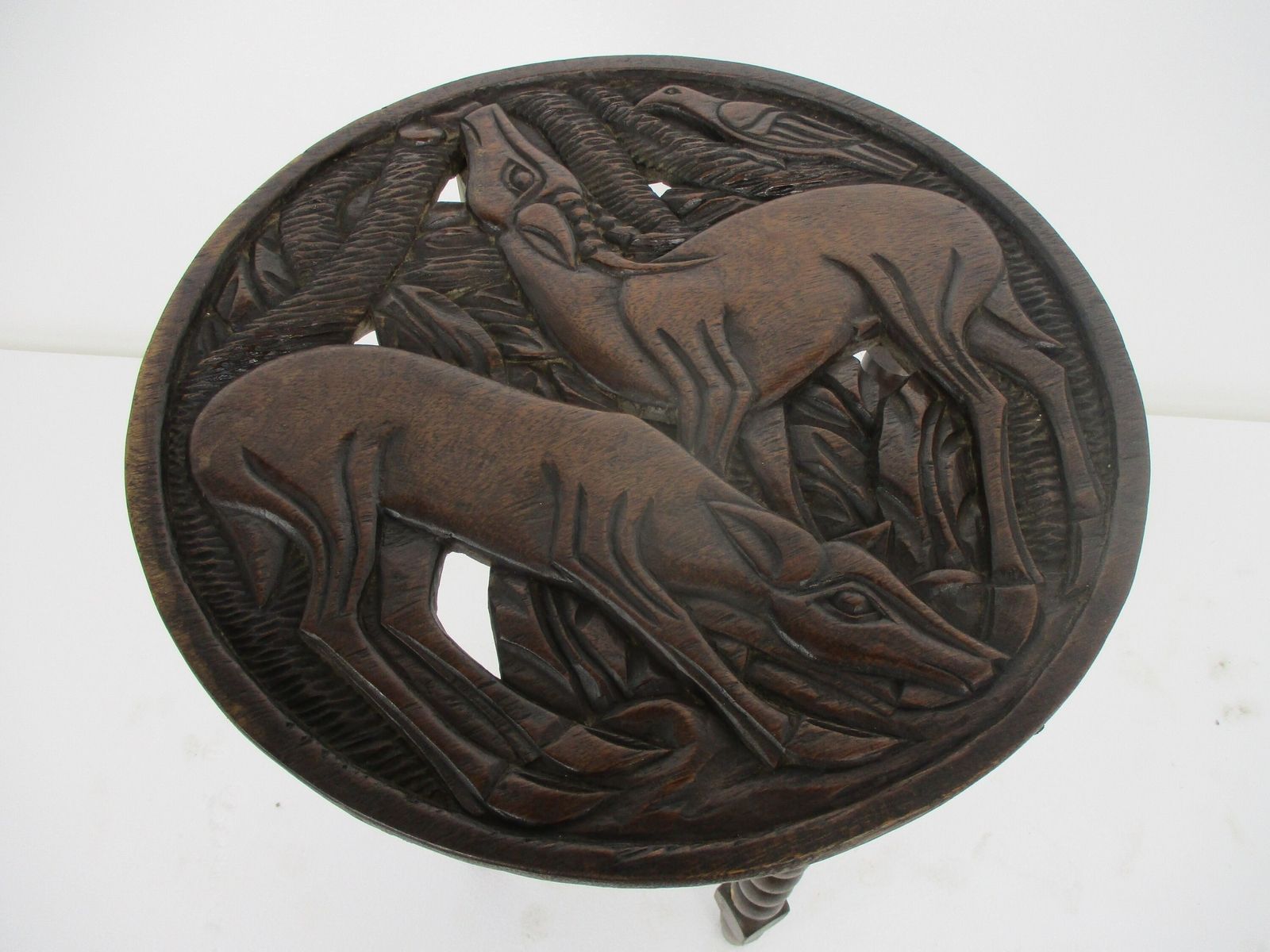 Ornate Hand Carved Wooden Table Deer Mountain Goats Coffee Side Table Wow photo vintage