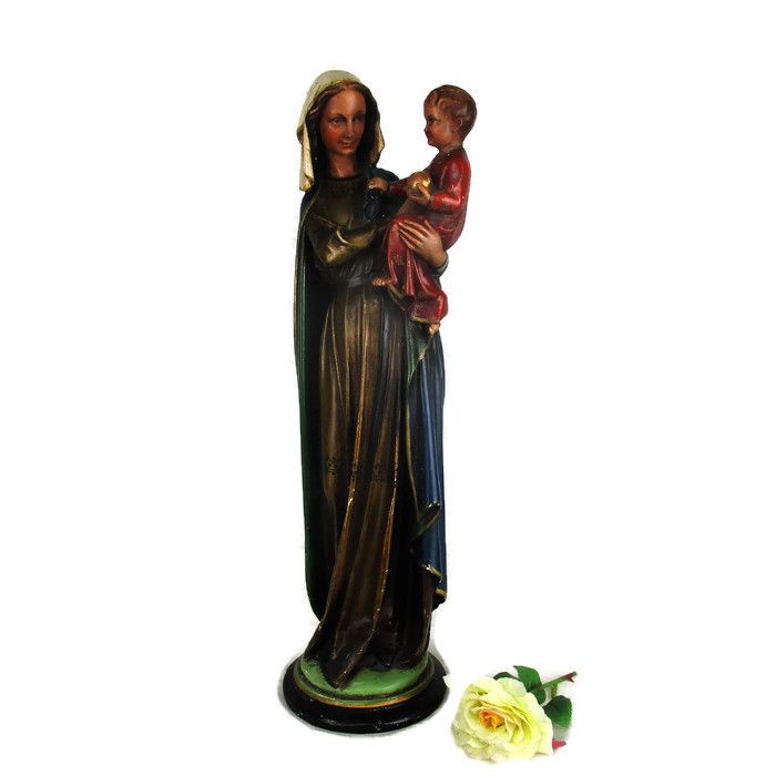 Antique 1900  Large  Church Statue Holy Mother Infant Child Neo Gothic Htf 17.7"