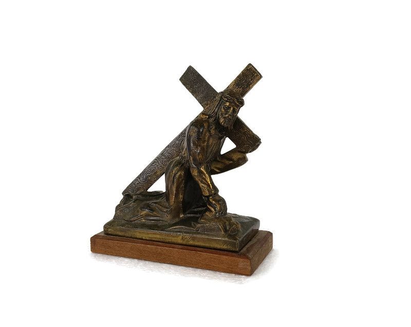 Small Statue Faux Brass Spelter On Wooden Base Jesus Christ Carrying The Cross C