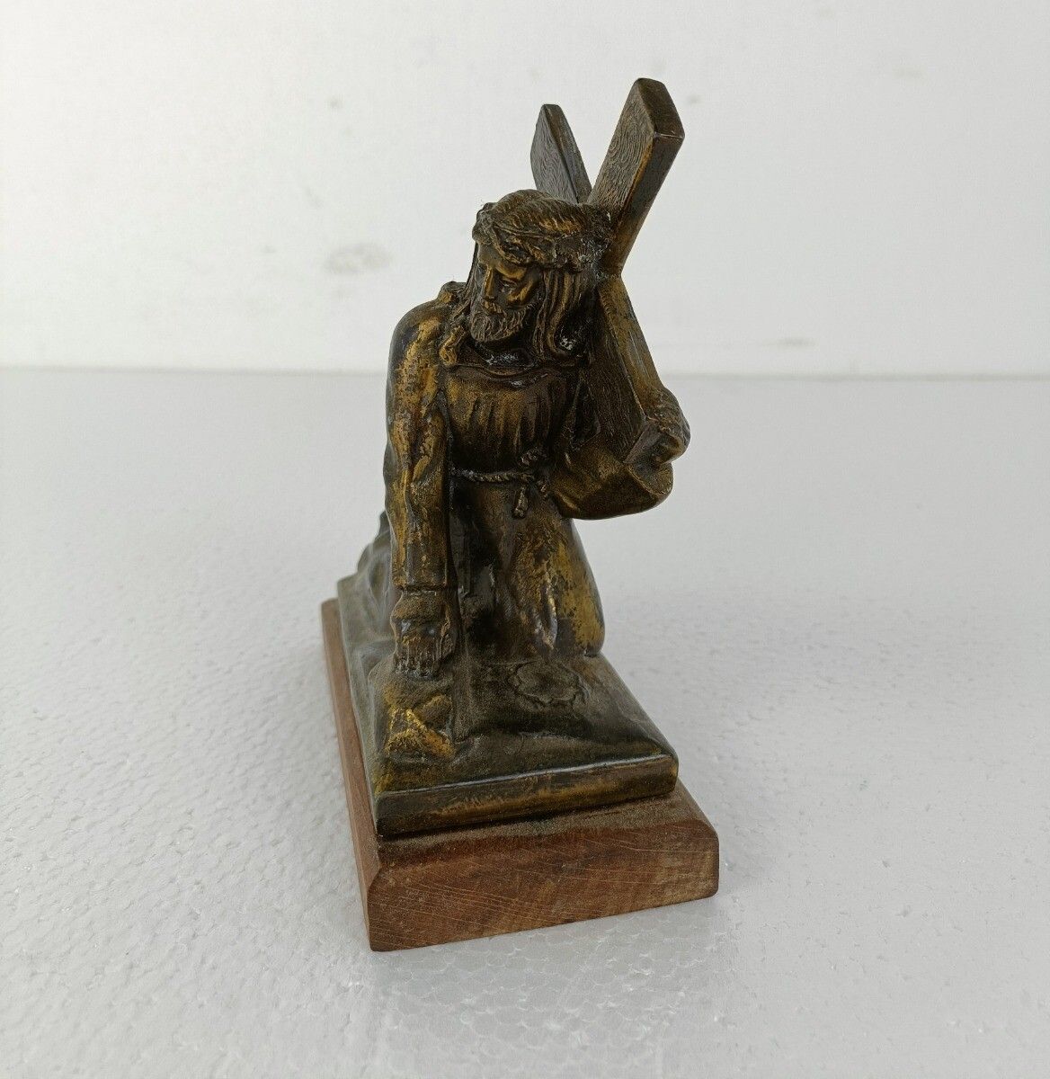 Small Statue Faux Brass Spelter On Wooden Base Jesus Christ Carrying The Cross C photo for sale