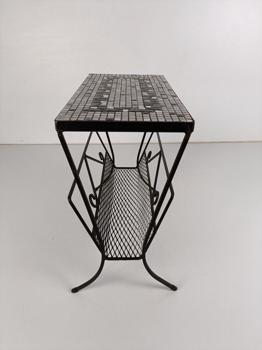 Vintage Mid Century Modern Magazine Rack Newspaper Basket Side Table Mosaic Tile photo Furniture