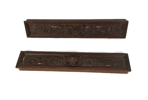 Pair Of Wooden Ornate Reclaimed Cabinet Drawer Panels Figurine Heads Gothic Styl