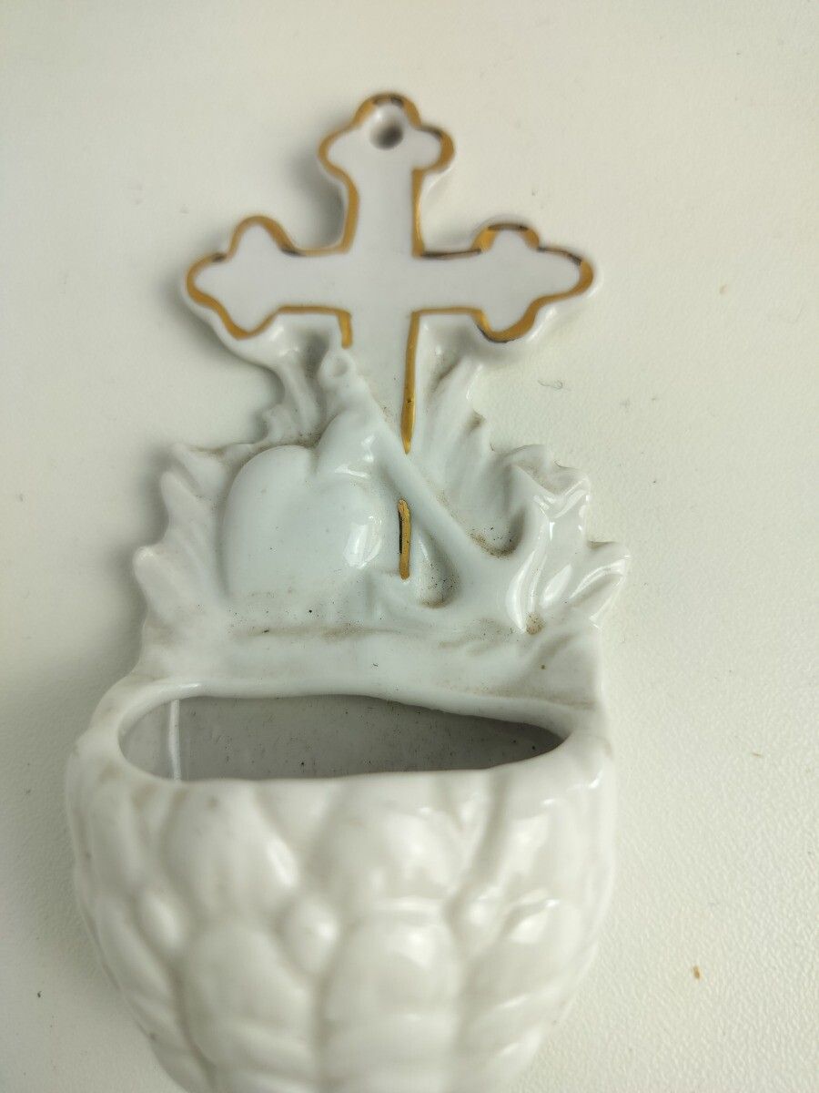 Antique Small Miniature Holy Water Font Vessel  Bisque Porcelain  White Marked G photo for sale