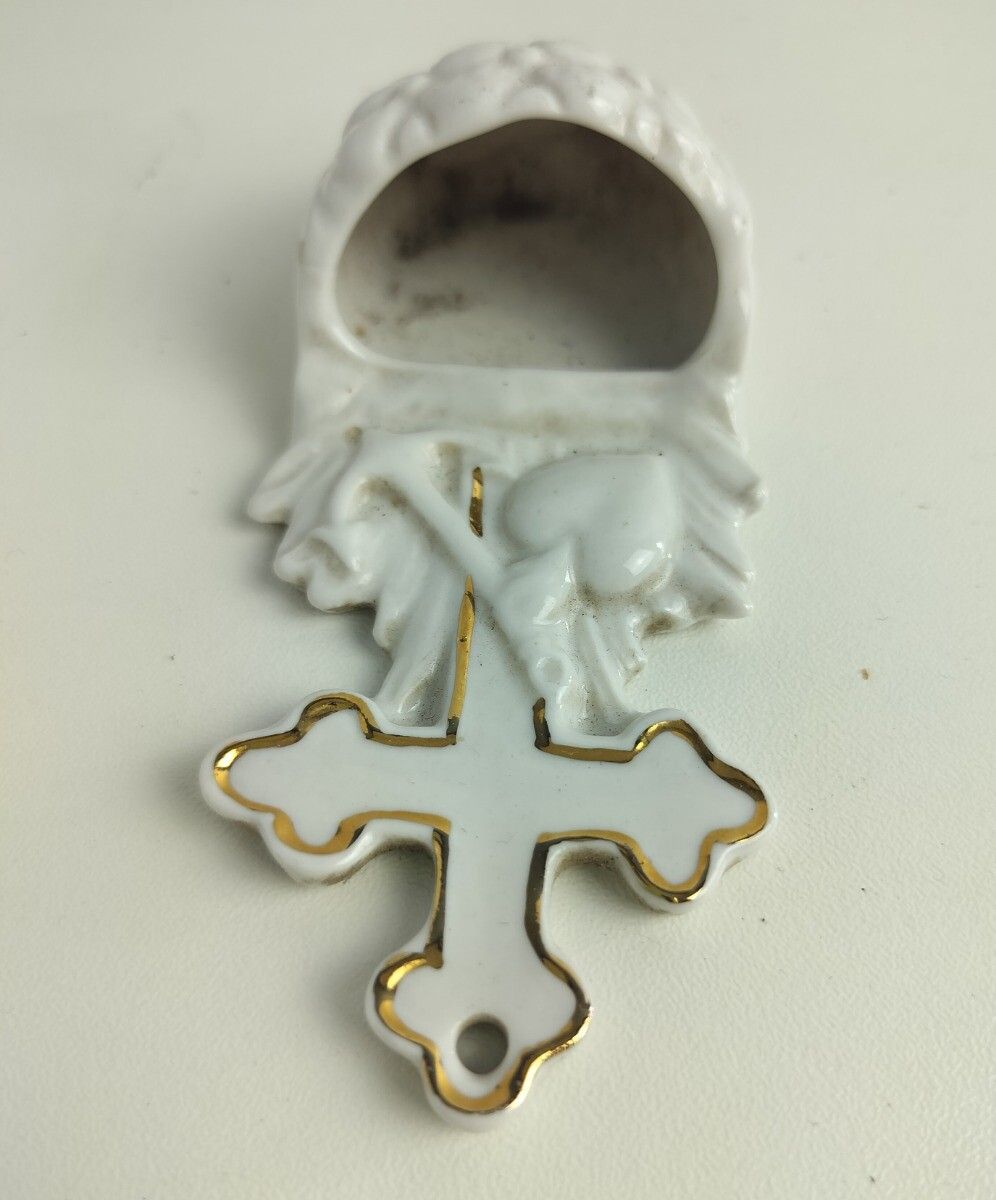 Antique Small Miniature Holy Water Font Vessel  Bisque Porcelain  White Marked G photo Home Decor