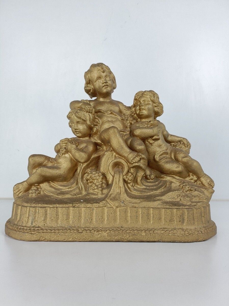 Gorgeous Antique Statue Figurine Plaster Children Eating Grapes Putti photo furniture