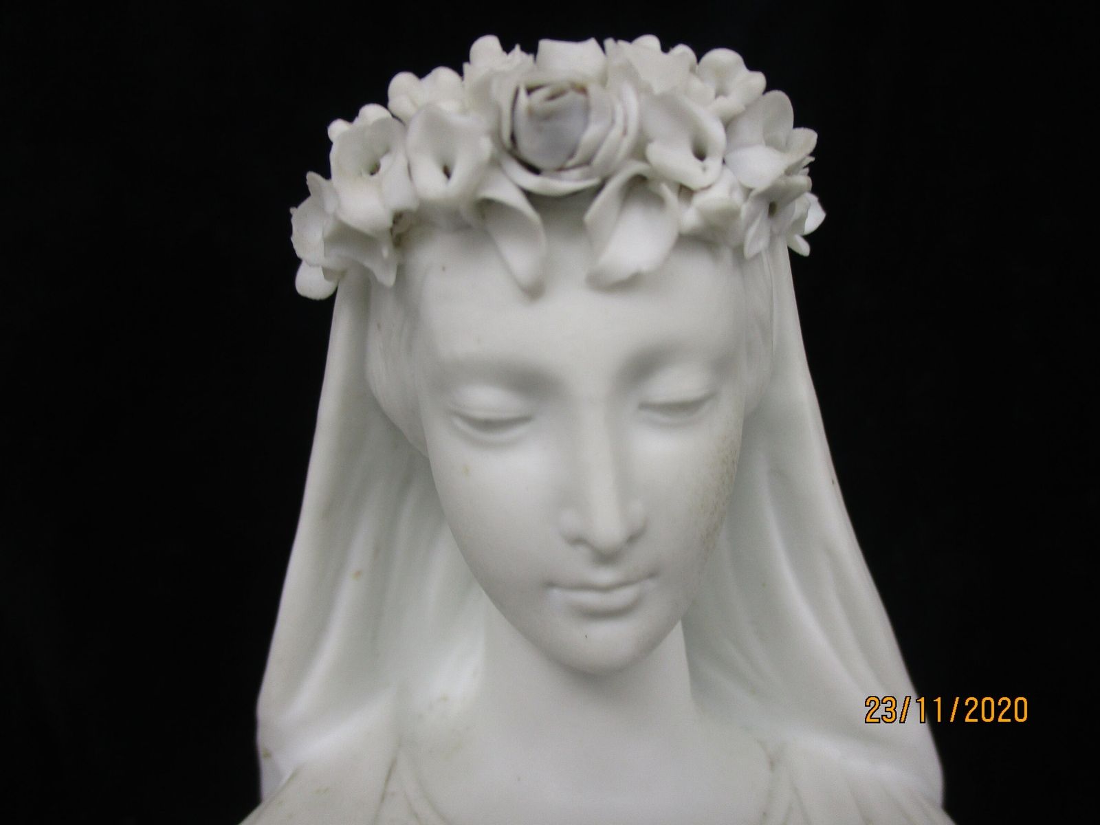 Large French Antique 1900 Bisque Statue Virgin Mary Our Lady Madonna Flower Garl photo furniture