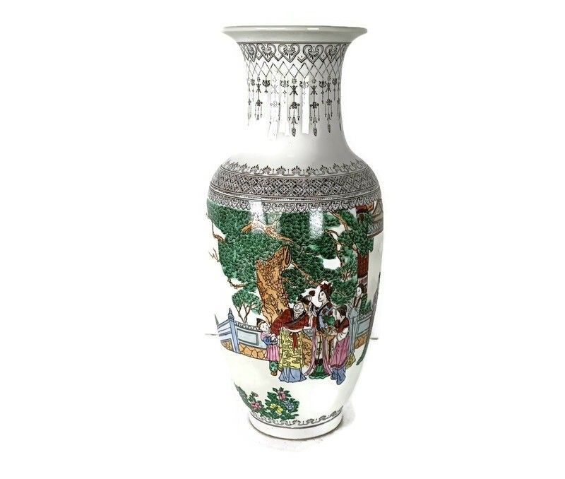 Chinese Trumpet Vase Hand Painted Vintage Family Rose Women With Children Caligr