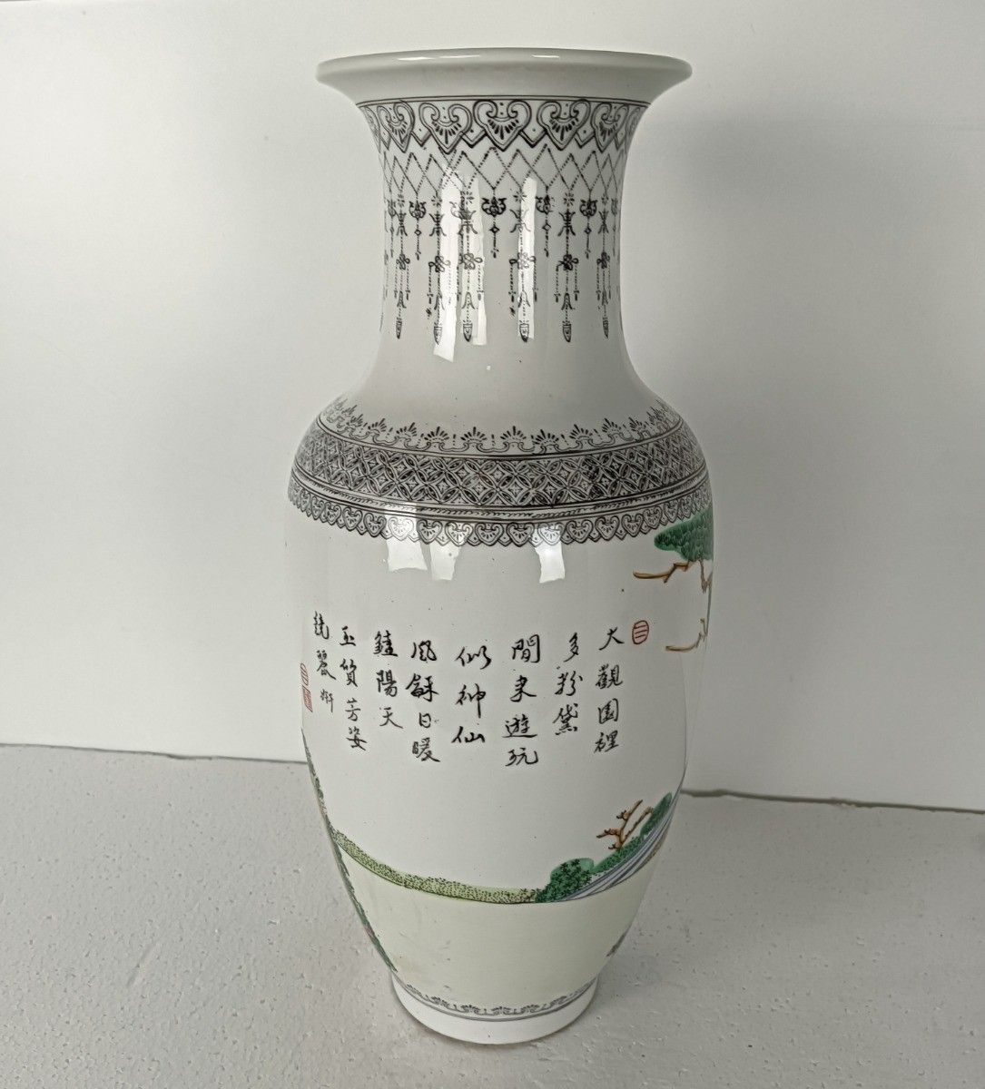 Chinese Trumpet Vase Hand Painted Vintage Family Rose Women With Children Caligr photo furniture