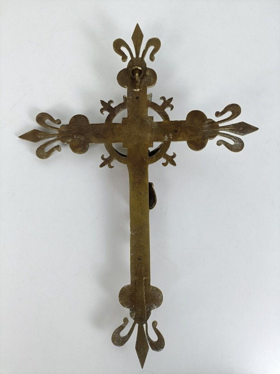 Hanging Wall Crucifix Cross Ornate Brass Jesus Christ French Fleur De Lis Lys VI photo buy