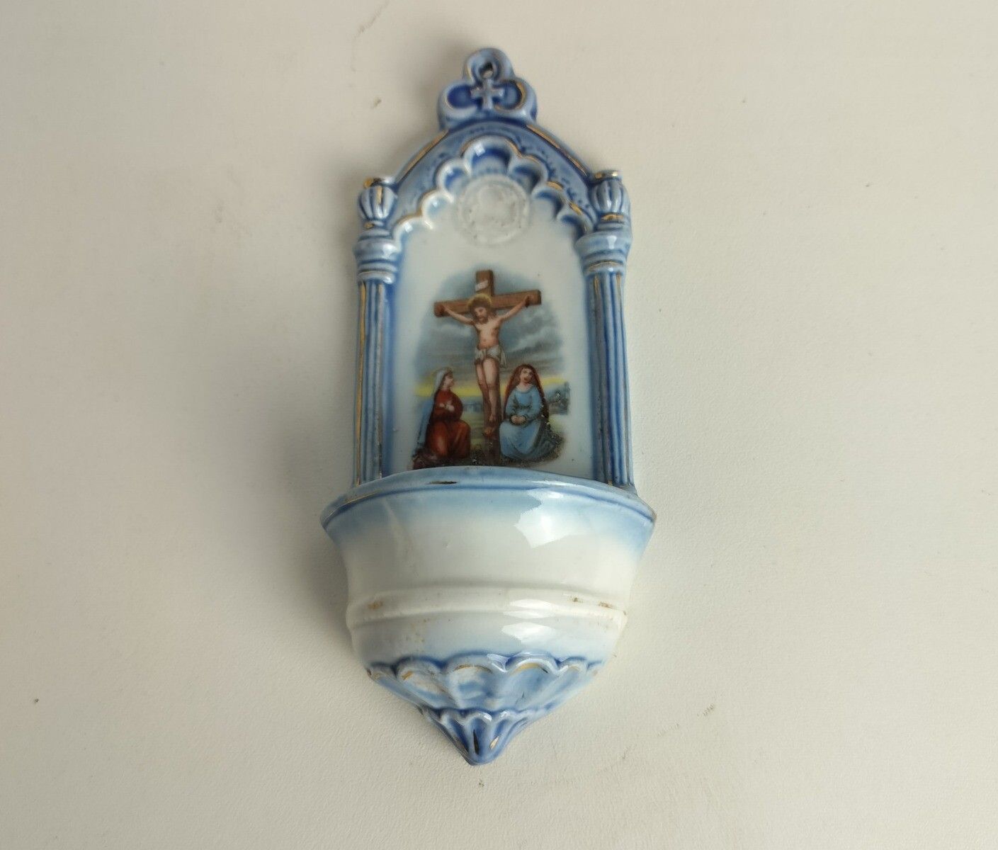 photo furniture Antique Small Holy Water Font Vessel Bisque Porcelain Crucifixion Calvary Lovely