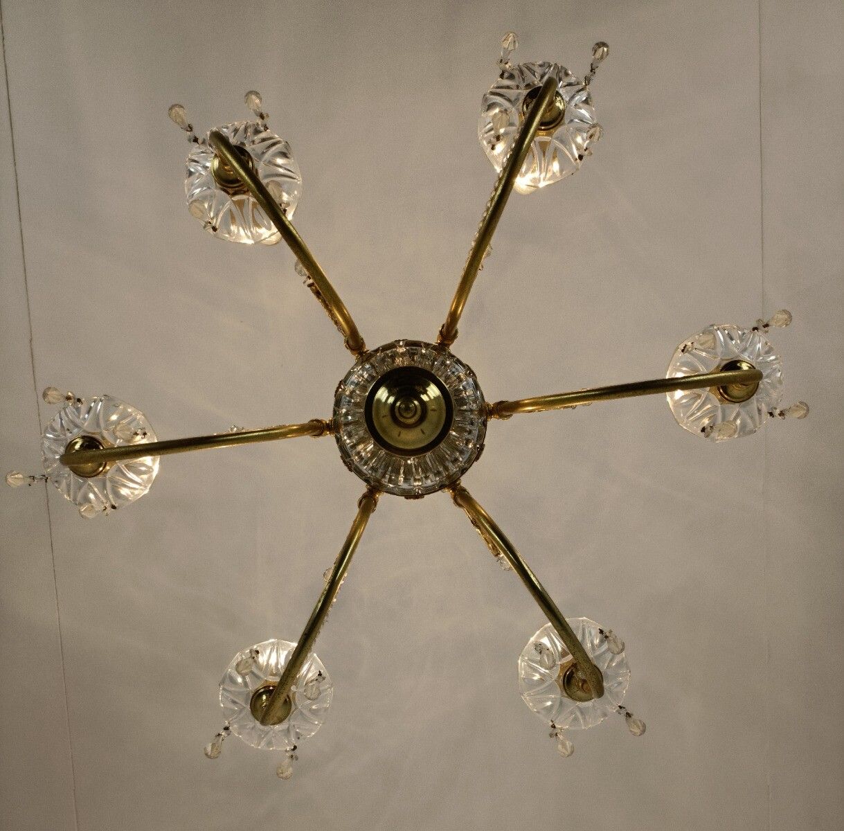 photo furniture Chandelier Hollywood Regency Vintage 70s Brass Glass 6 Lights Pendant Ceiling Li
