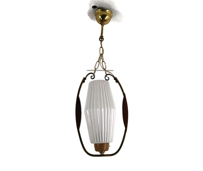 Danish Modern Chandelier Pendant Teak Brass Opaline Glass Atomic Retro Pop Art