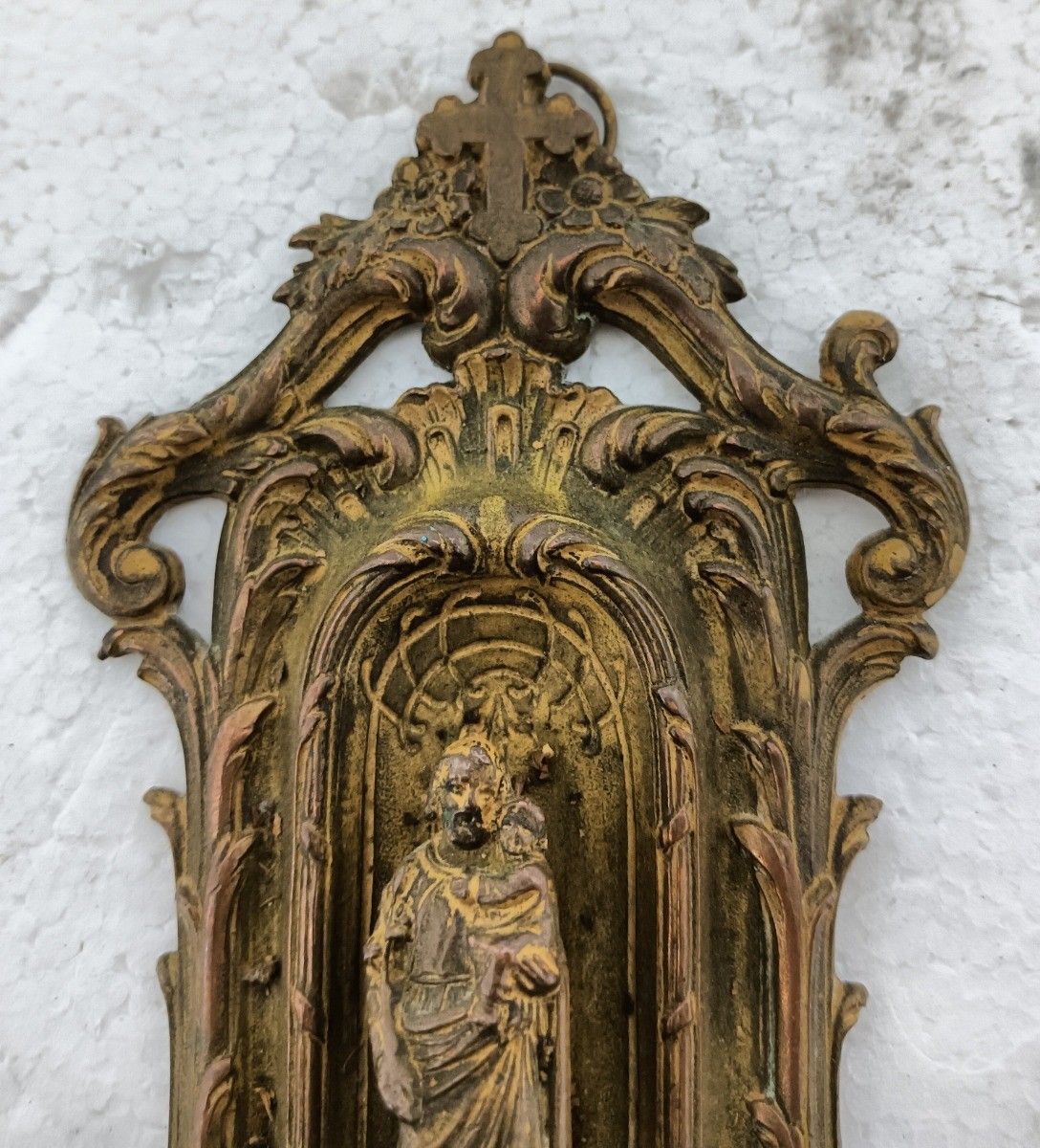 Holy Water Font Saint With Infant Jesus Spelter Antique Art Deco Wall Hanging photo buy