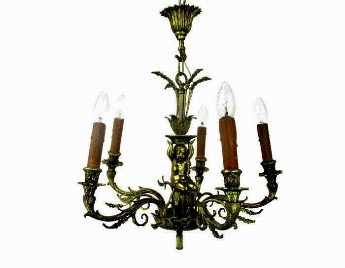 Stunning Chandelier 5 Lights Arms Putti  Hollywood Regency Era Maison Jansen