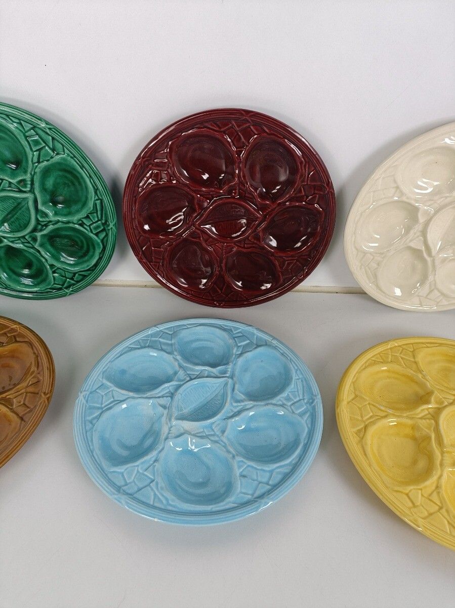 Set Of 6  Oyster Plates Porcelain Faience Different Colors Very Rare Seafood Cra photo Home Decor