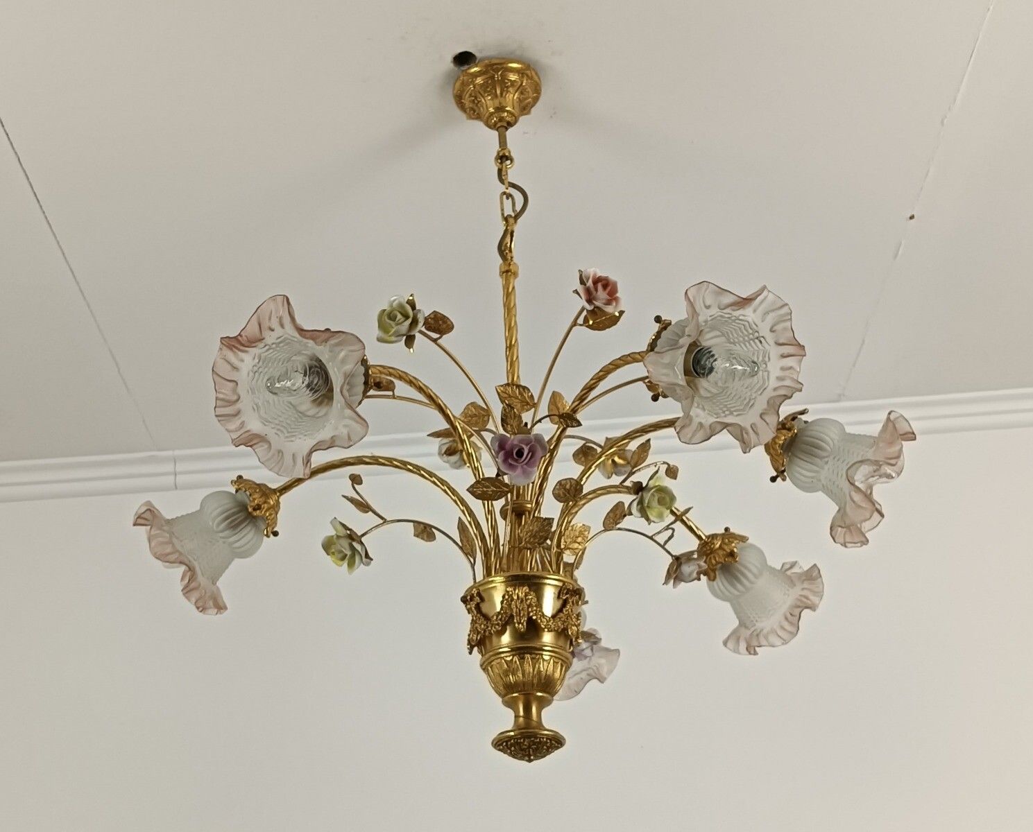 Gorgeous Chandelier Spelter Brass Porcelain Glass Shades Tulip Form Italian Flow photo for sale