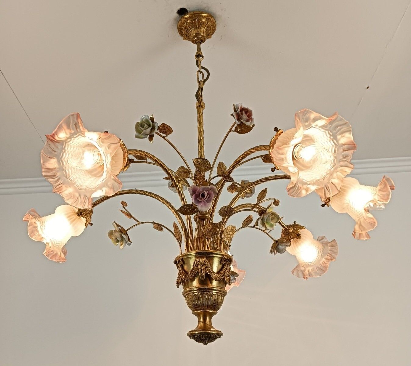 Gorgeous Chandelier Spelter Brass Porcelain Glass Shades Tulip Form Italian Flow photo vinterior
