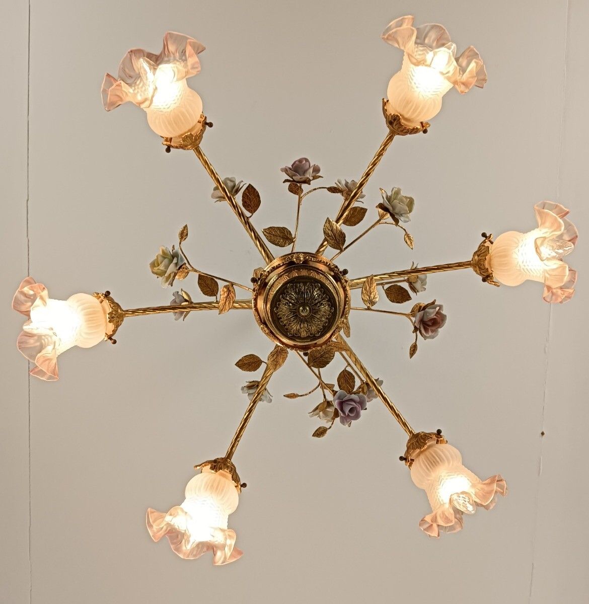 photo furniture Gorgeous Chandelier Spelter Brass Porcelain Glass Shades Tulip Form Italian Flow