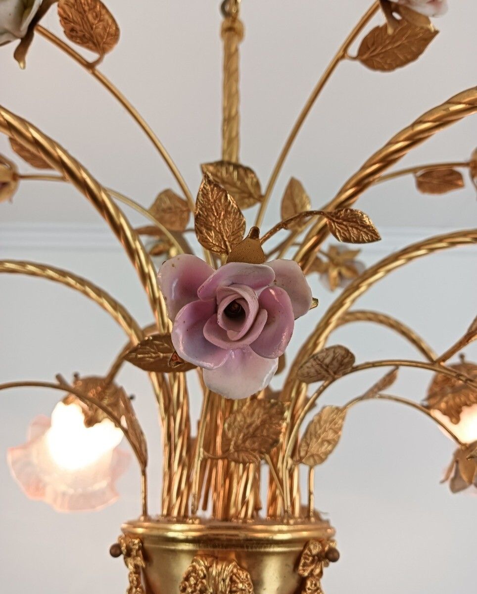 photo for sale Gorgeous Chandelier Spelter Brass Porcelain Glass Shades Tulip Form Italian Flow