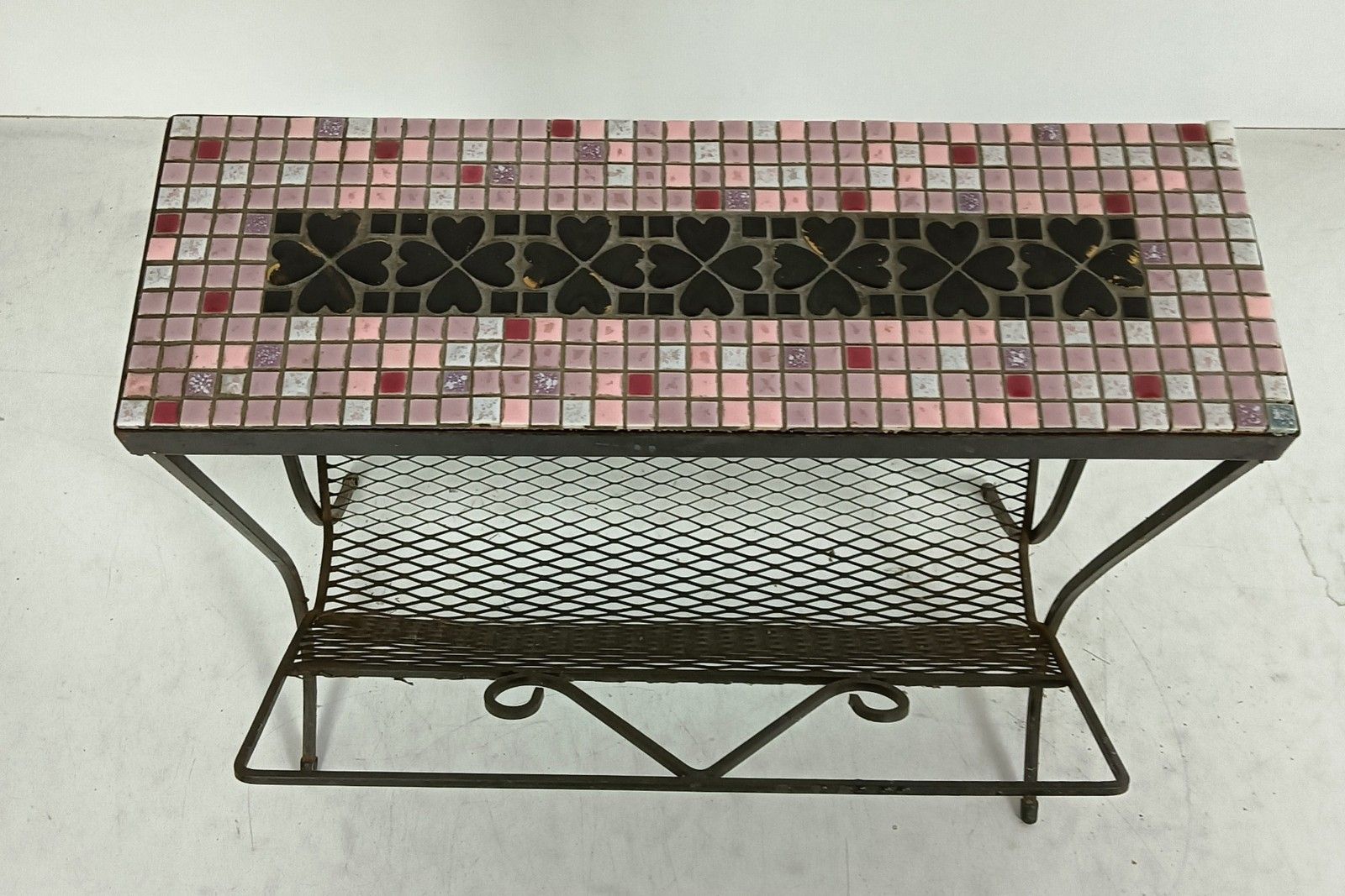 Wrought Iron Mid Century Magazine Rack Newspaper Basket Side Table Mosaic Tiles photo buy