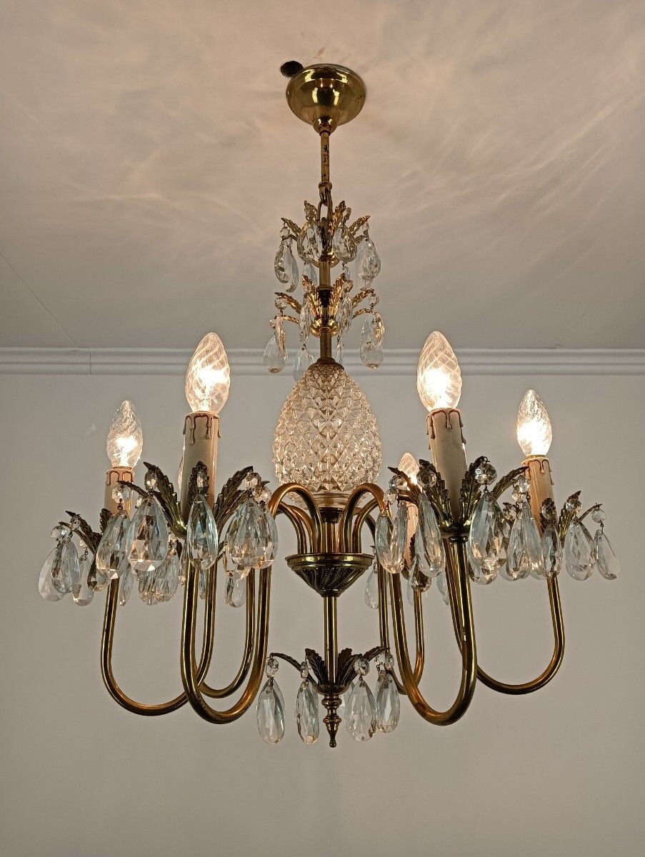 Hollywood Regency Chandelier Crystal Pine Apple Brass Prisms Stunning 6 Lights photo for sale