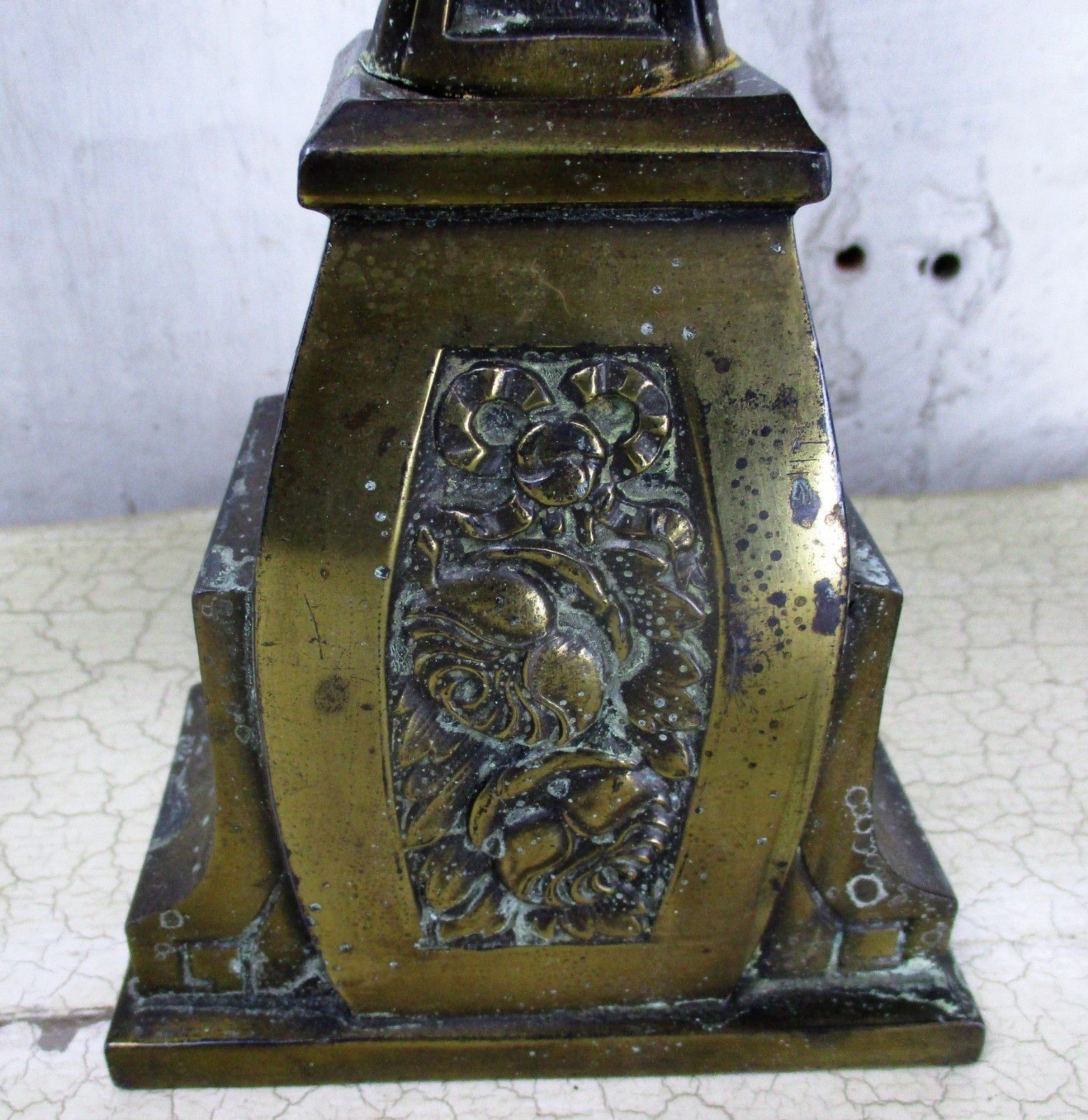 Altar Set Gorgeous Standing Crucifix With Two Candelabras Ornate Embossed Brass photo for sale