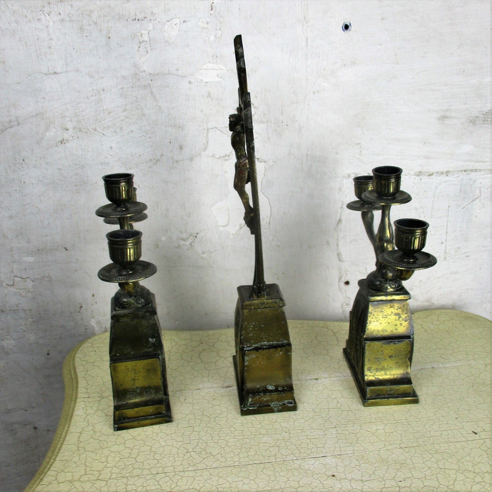 photo furniture Altar Set Gorgeous Standing Crucifix With Two Candelabras Ornate Embossed Brass