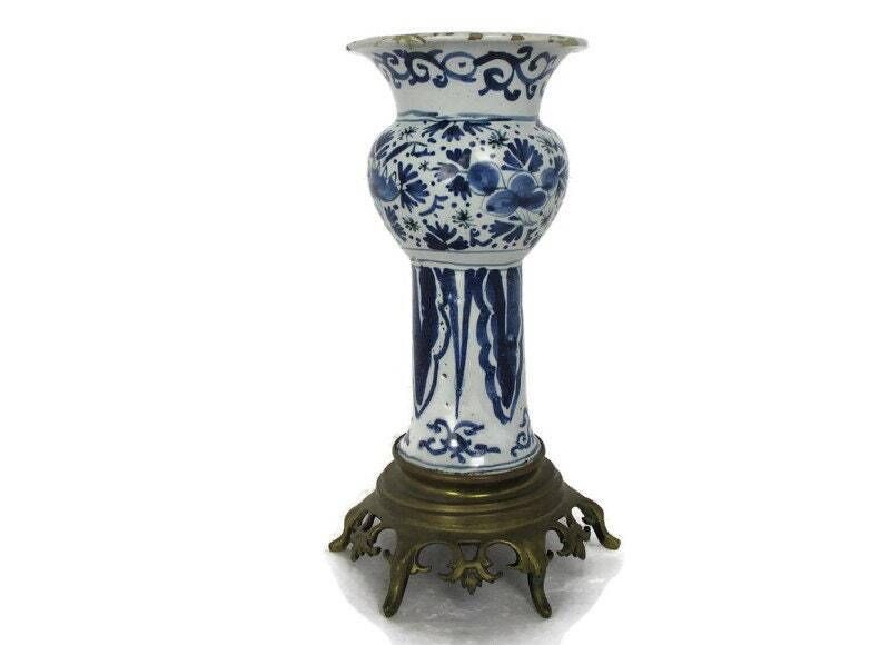 Vase Delft Holland Blue White Porcelain Brass Base Centerpiece Hand Painted Rare