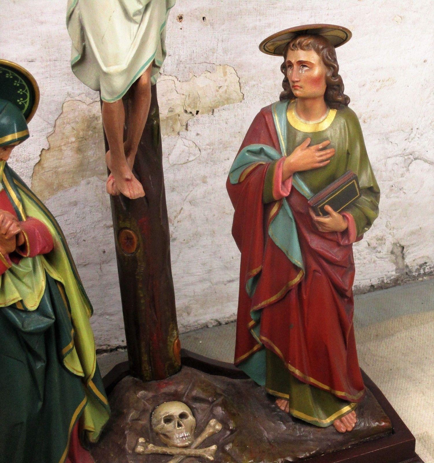 Xxl Church Quality 19th C Plaster Calvary Group Crucifix John Mary Magdalene photo 927.0