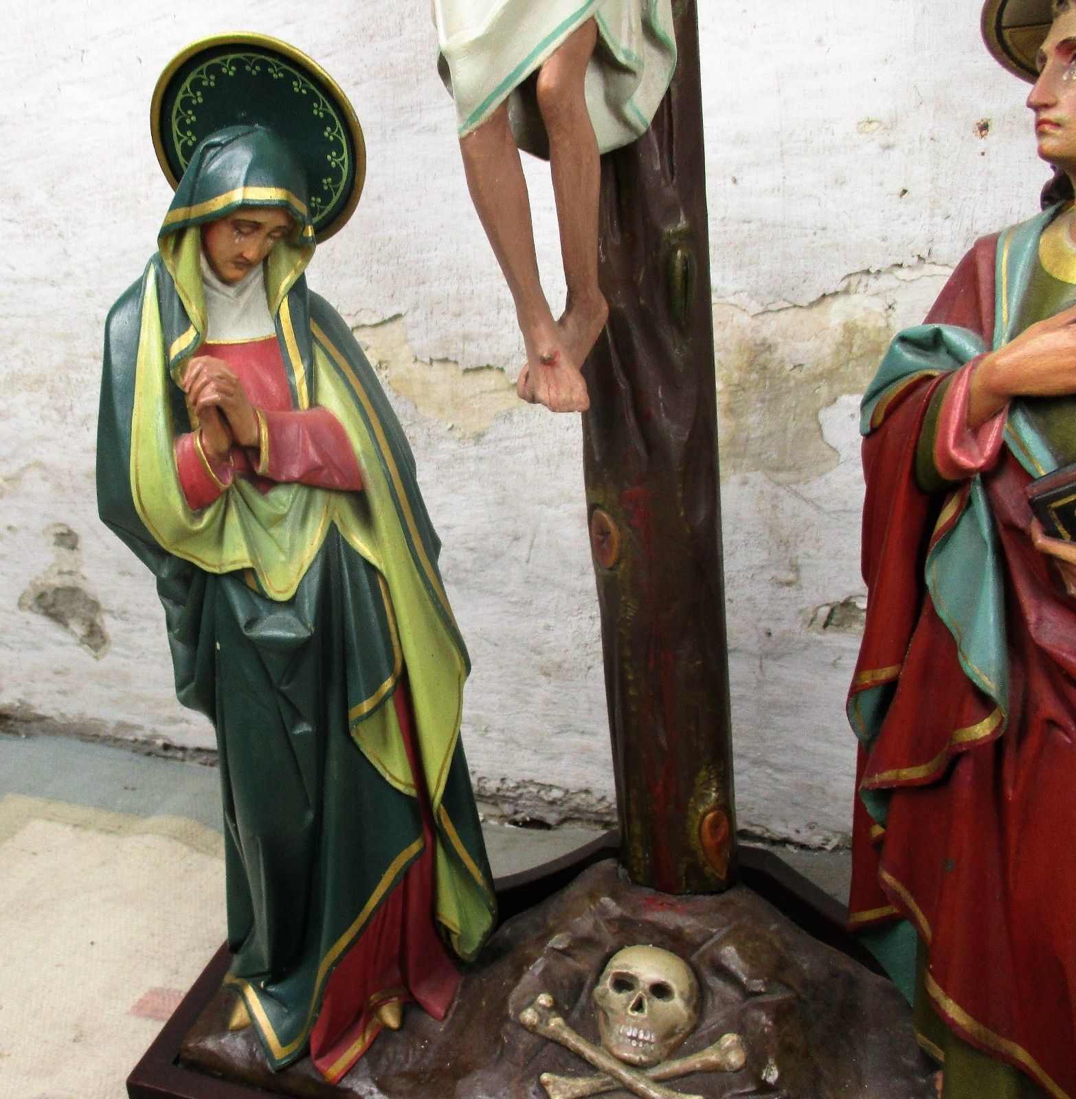 Xxl Church Quality 19th C Plaster Calvary Group Crucifix John Mary Magdalene photo vinterior