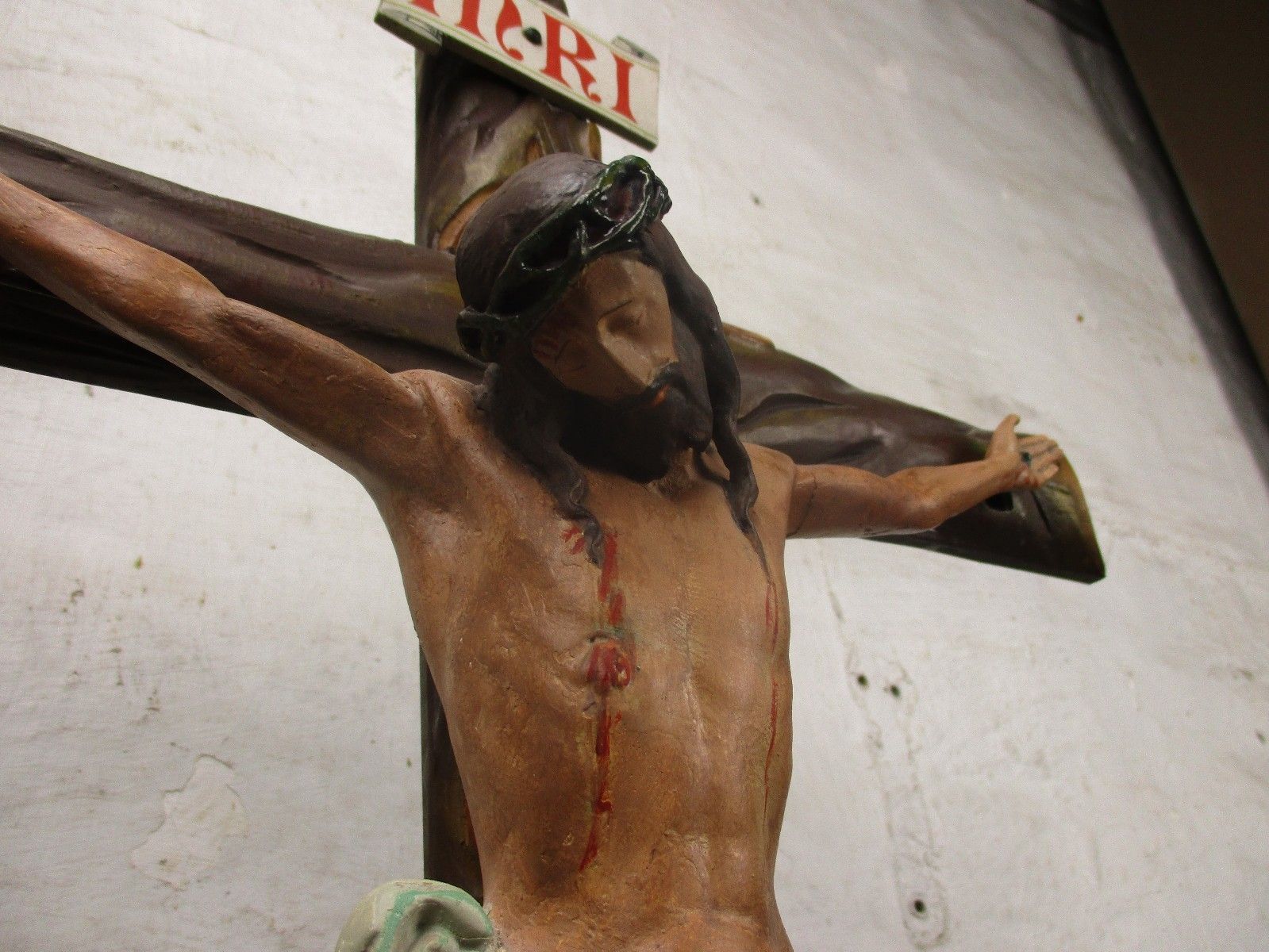 Art Xxl Church Quality 19th C Plaster Calvary Group Crucifix John Mary Magdalene photo