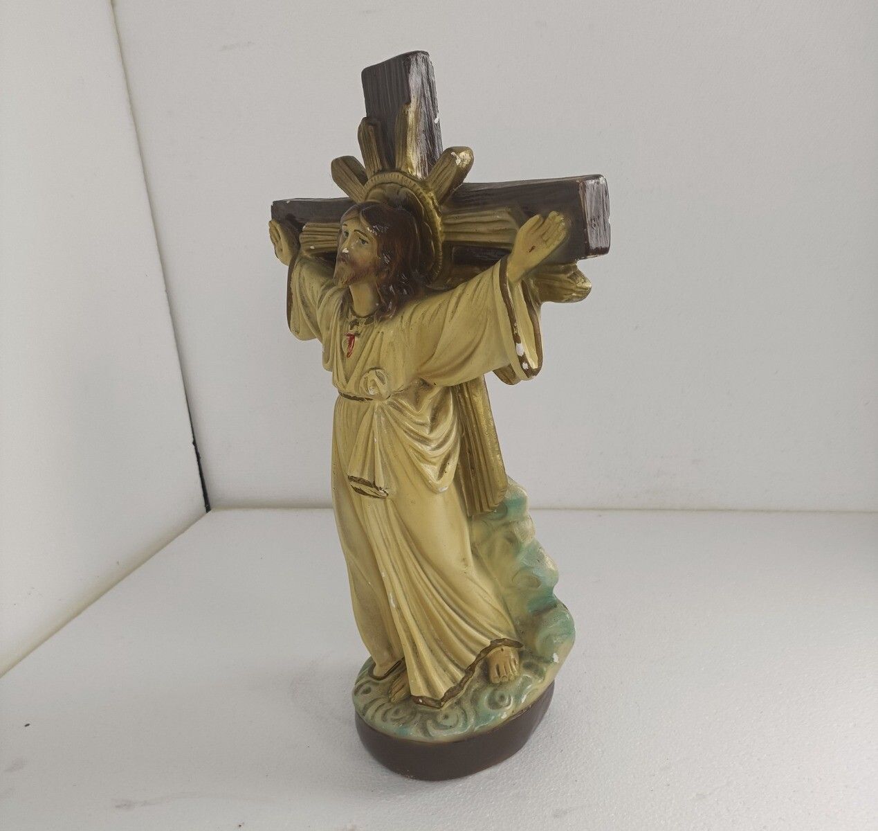Large Antique Statue Sculpture Jesus On The Cross Crucifix Art Deco Plaster photo buy