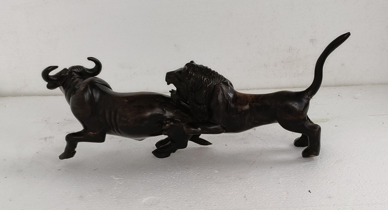 Stunning Sculpture Figurine Black Forest Hand Carved Wood Bull Lion Vintage photo furniture