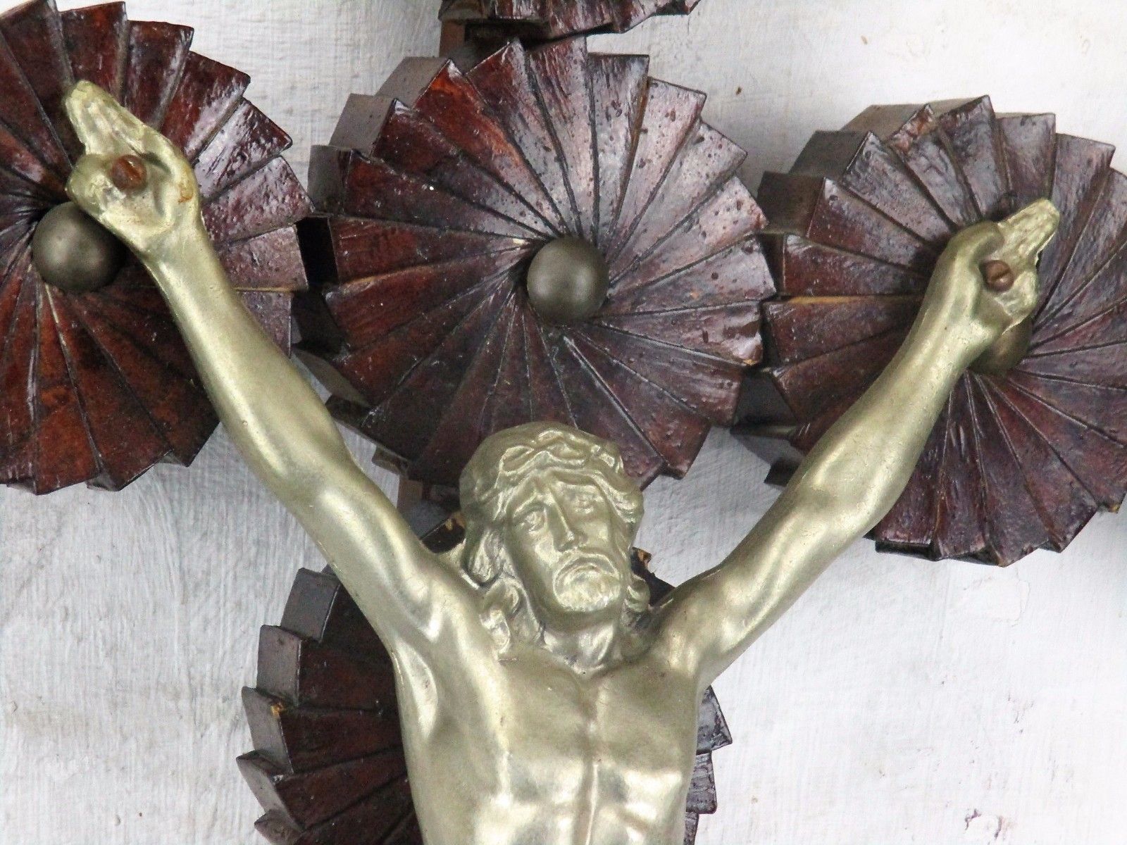 Large Hanging Wooden Wall Crucifix Cross Folk Tramp Art Htf Spelter Corpus 33.4" photo Art