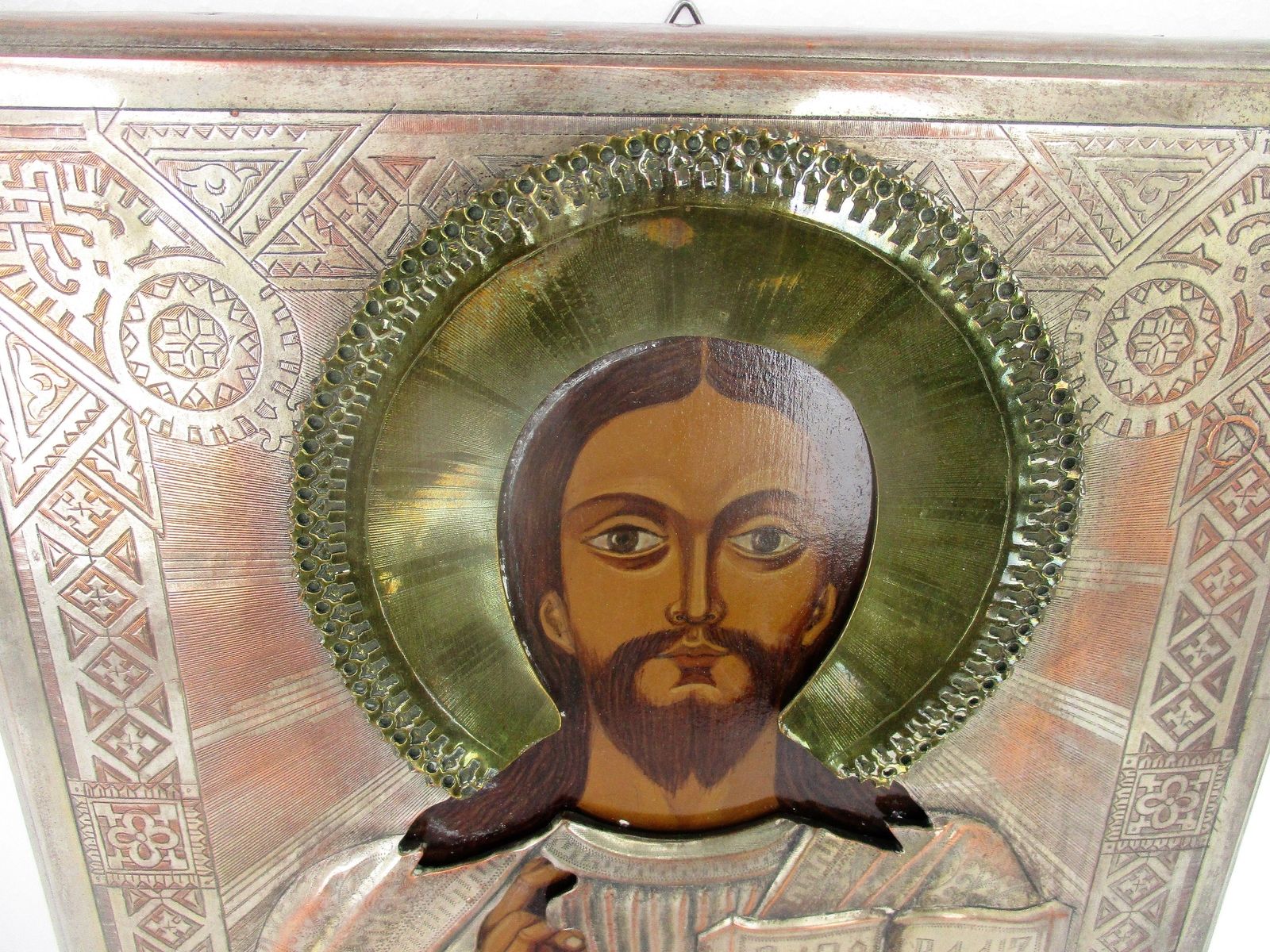 Ornate Brass Silver Plated Hand Hammered Icon Jesus Christ Monastery Oklad Gorge photo for sale